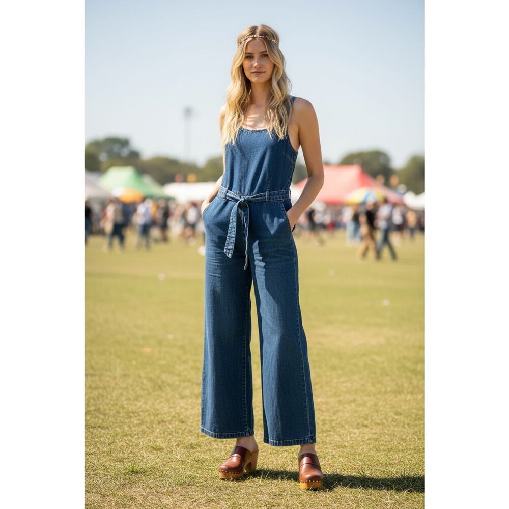 Y2K Coquette Denim Jumpsuit Overall Sz M Wide Leg Flowy Festival Vintage Hippie